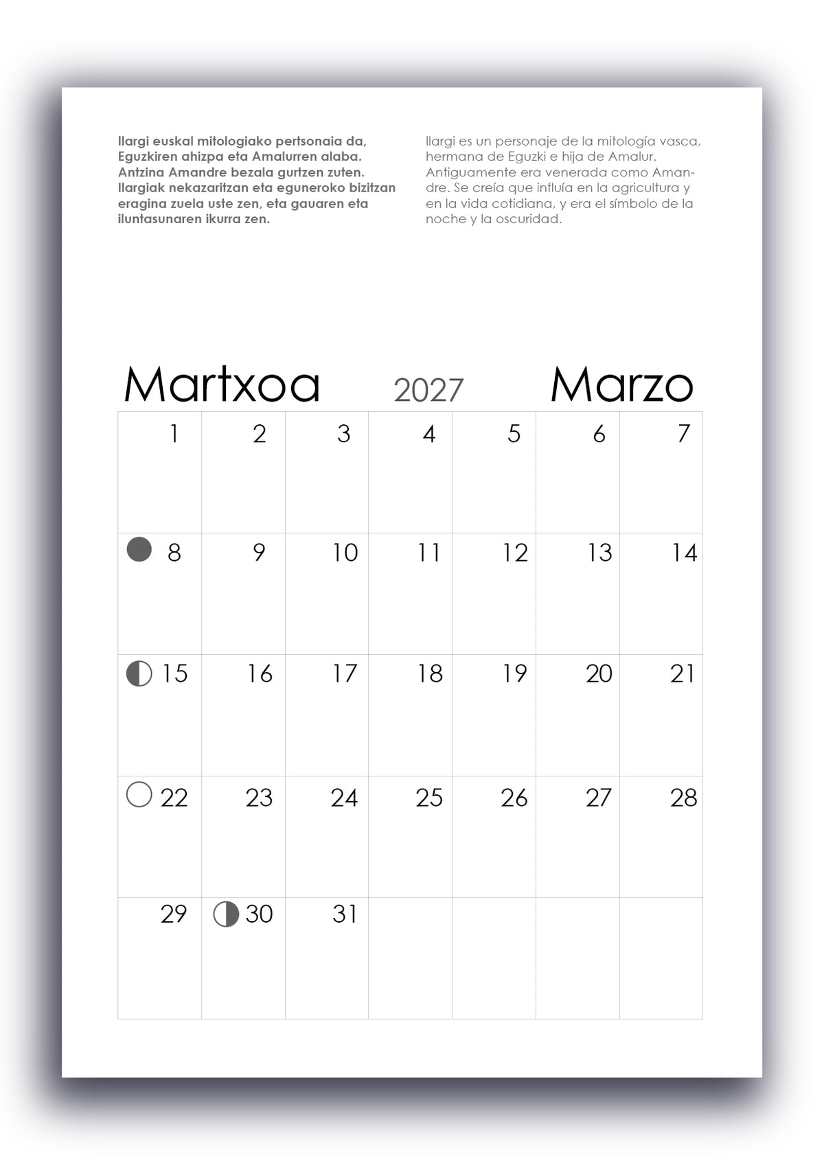 Calendario mitológico para colorear - 2027